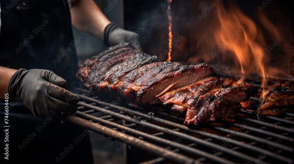 Close-up of pitmaster at smoker rich aroma of wood-fired ribs Close-up of pitmaster at smoker rich aroma of wood-fired ribs