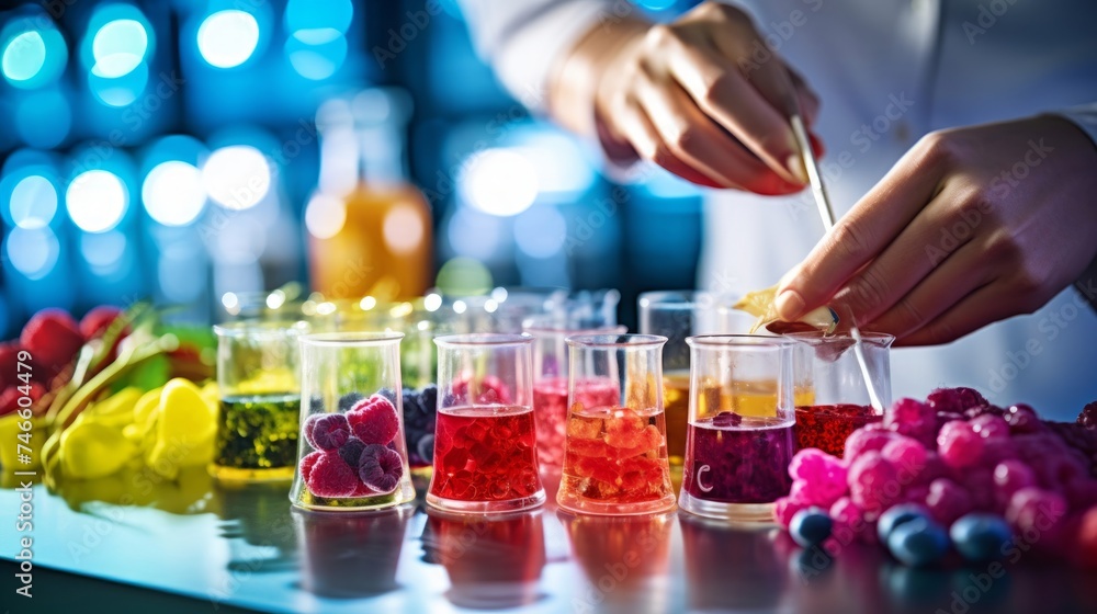 Scientist in food lab measuring with precision colorful backdrop Scientist in food lab measuring with precision colorful backdrop