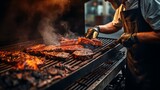 Barbecue pitmaster with smoking ribs rustic tools in hand
