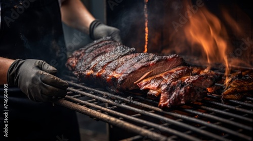 Close-up of pitmaster at smoker rich aroma of wood-fired ribs