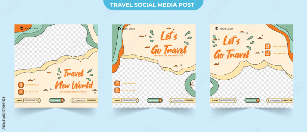 Set of travel and adventure holiday sale social media post template web banner flyer or poster for tourism agency business offer promotion design