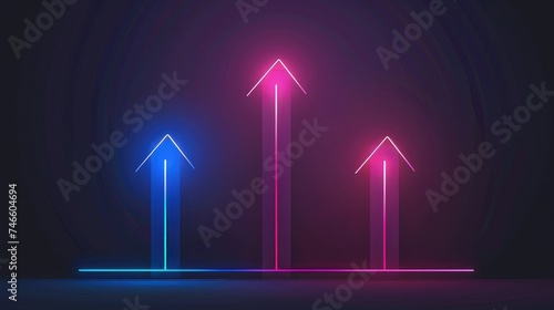 Growing arrow up with bright glowing futuristic blue neon lights on black background. Simple red graph. Concept of growth and increase. 3D render illustration