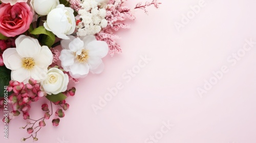 pink background or texture with spring flowers. frame, place for text. template, greeting card for Mother's Day, March 8