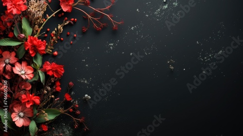 black, red background or texture. spring flowers. frame, place for text. template, greeting card. Mother's Day, March 8