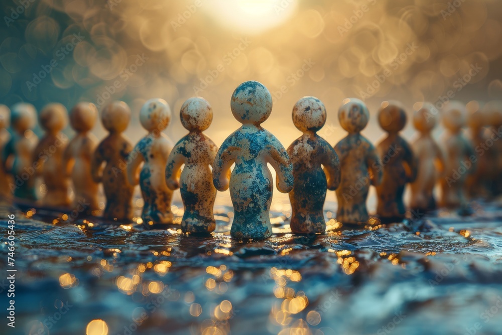A poetic array of worn figurines standing together, backlit by a warm, bokeh light that creates a dreamy atmosphere - obrazy, fototapety, plakaty 