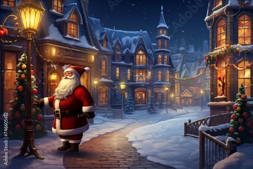 a cartoon of a santa claus outside of a building