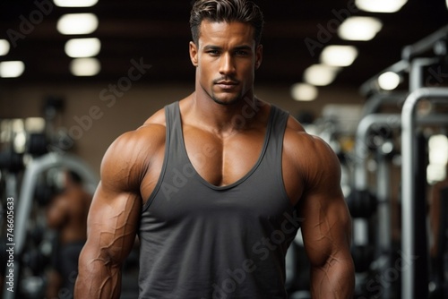 Muscular Man in Gray Tank Top at Gym. Generative AI.