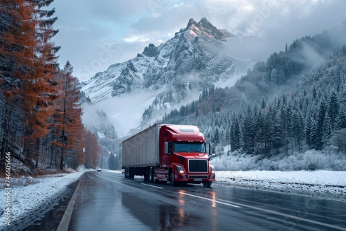 A vibrant red truck travels on a snow-covered mountain road, suggesting challenging conditions and transport