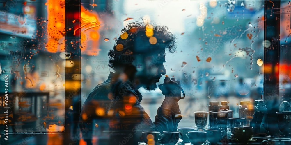 An Indian man, his hair dark and distinguished, immerses himself in a serene coffee moment within a double exposure image. - obrazy, fototapety, plakaty 