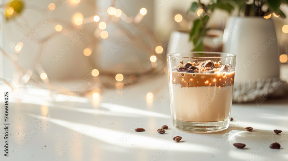Cocoa on alternative milk with date paste and bran in glass on white table with ingredients. Delicious natural cocoa drink with grated chocolate and milk in glass. Side view, copy space. Recipe, menu - obrazy, fototapety, plakaty 