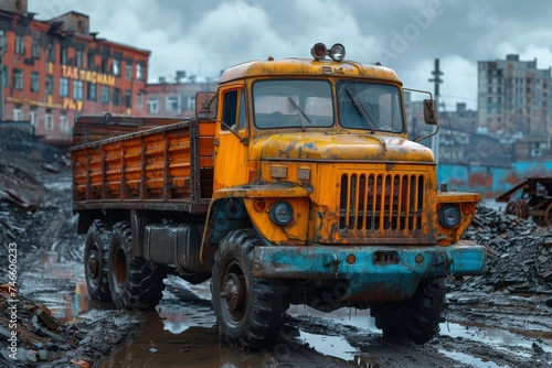 An old, yellow, rugged truck stands out in the wasteland, highlighting the concepts of endurance and past glory