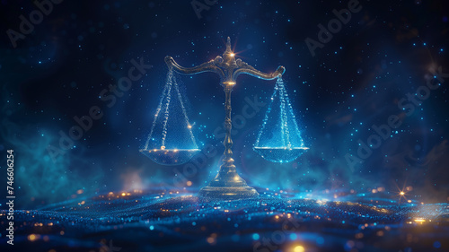 Justice in a digital realm, where the scales themselves are made of glowing blue digital lines