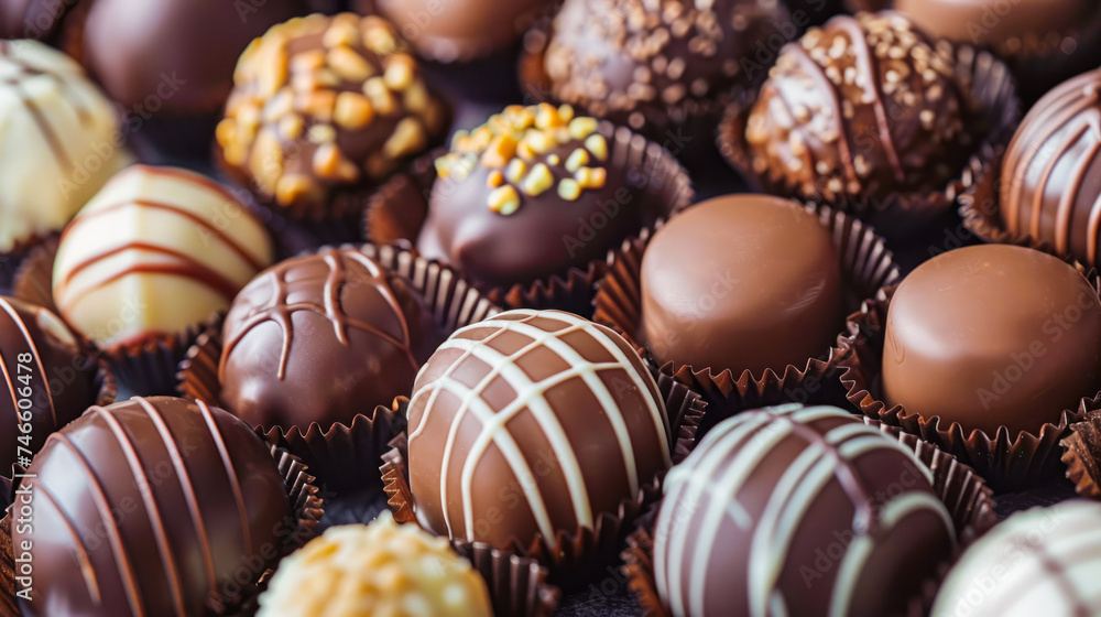delicious chocolate pralines. Close up. Chocolate background. Assortment of fine chocolates in white, dark and milk chocolate. Chocolatier, confectionery, candy store delicious chocolate pralines. Close up. Chocolate background. Assortment of fine chocolates in white, dark and milk chocolate. Chocolatier, confectionery, candy store