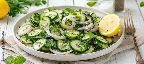 onion and cucumber salad with fresh mint leaves, dill and lemon on a white plate photo