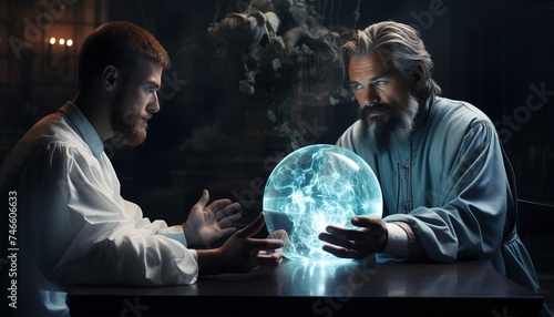 2 men talking with an angel in front of a transparent ball, in the style of mystical realms, magewave, bibliographic anomalies, white and azure, tabletop photography, religious, solapunk photo