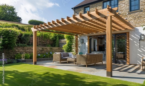 A pergola in the courtyard of a house, with garden furniture photo