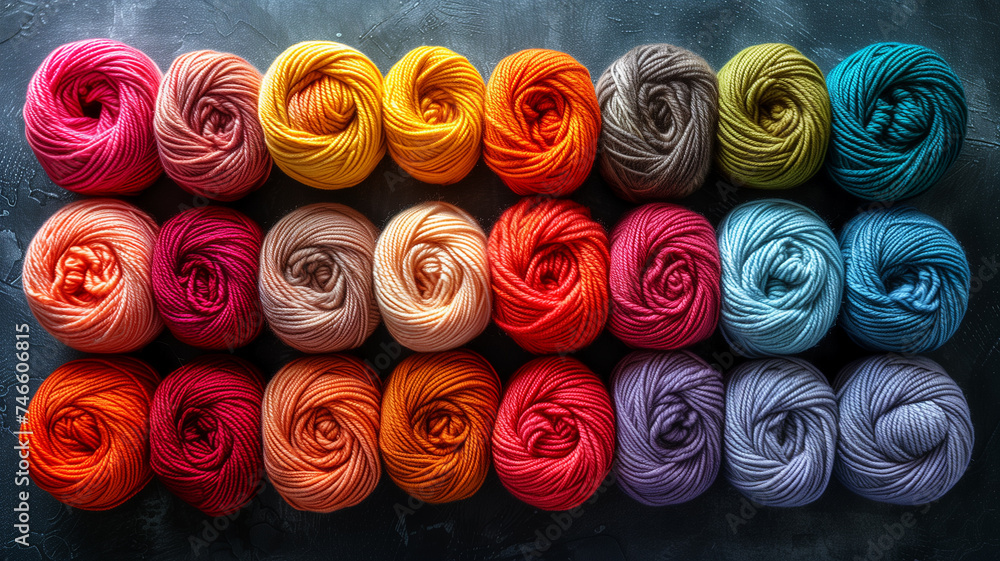 rows of wool yarn balls, meticulously arranged rows of wool yarn balls, meticulously arranged