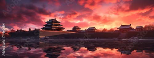 sightseeing in the forbidden city with train ticket, in the style of pastel dreamscapes, dark orange and light navy, golden light, sunrays shine upon it, light turquoise and purple photo