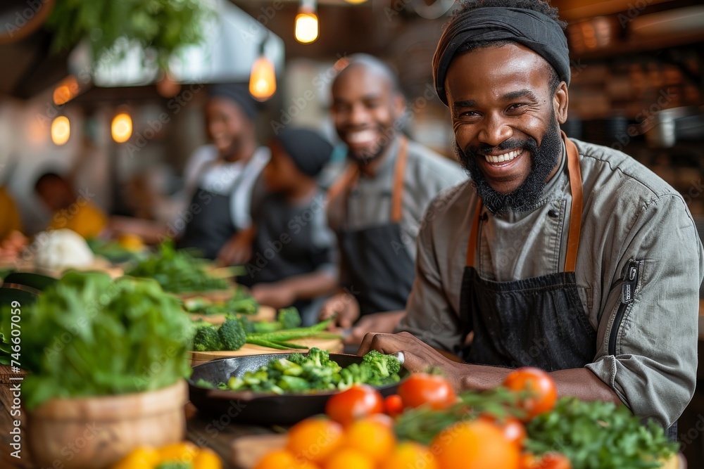 Chef in apron smiling while chopping fresh green vegetables, surrounded by colleagues in a lively kitchen Chef in apron smiling while chopping fresh green vegetables, surrounded by colleagues in a lively kitchen