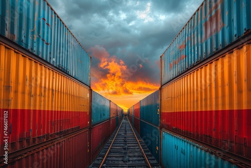 The image captures a dramatic sunset sky framed by vibrant red and blue shipping containers, creating a striking visual