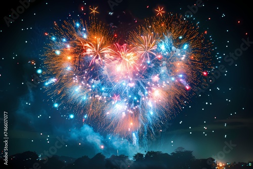 An awe-inspiring scene featuring a heart-shaped fireworks display, with sparkling trails of light and vibrant colors evoking a sense of joy and romance against the night sky.