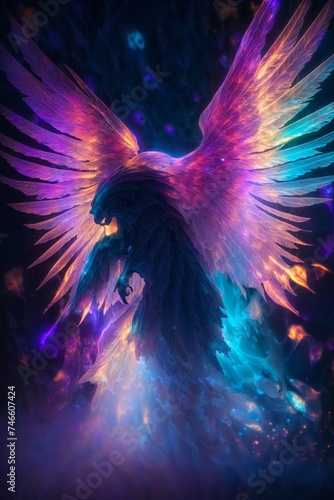 Large Bird With Colorful Wings Flying Through the Air. Generative AI.