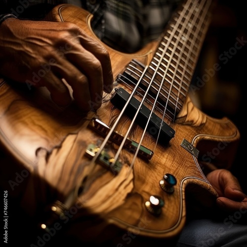 Closeup of musician playing bass guitar, a string instrument accessory
