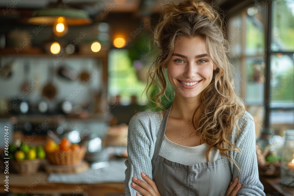 Radiant young female chef with curly hair standing in a well-equipped modern kitchen