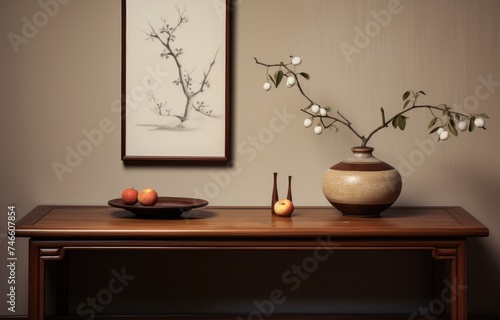 a wooden pendestal table for product show, next to a pear flower, Chinese landscape painting in the background.