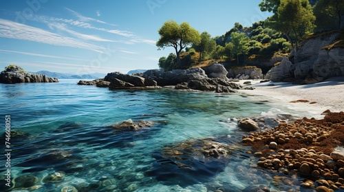 a beach, surrounded by rocks, trees, and clear, blue water, in the style of uhd image, landscapes, mediterranean-inspired, dark amber and cyan, romantic scenery, 32k uhd