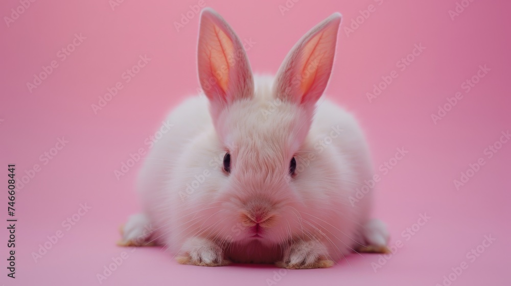 A white rabbit with translucent pink ears lies down, blending into the soft pink background, with copy space for easter, rabbit, animal, pet, cute, fur, ear, mammal, background, celebration