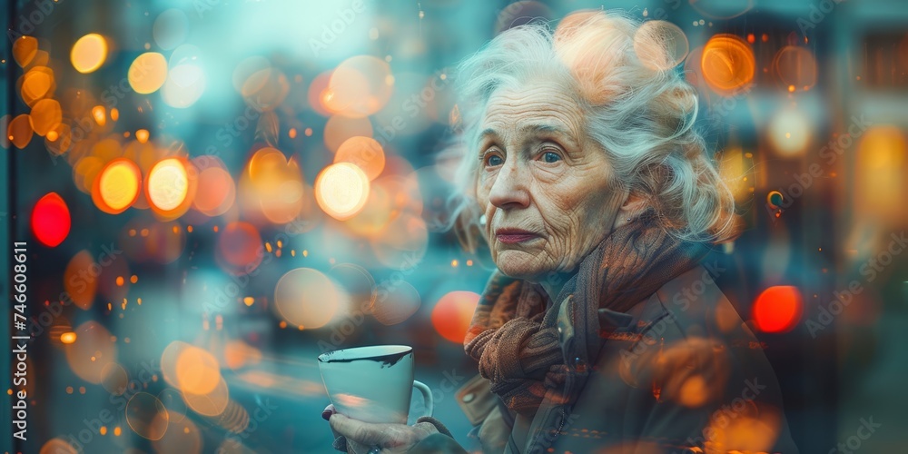 A senior blonde Caucasian woman, her hair carrying the soft glow of wisdom, embraces a tranquil coffee moment within a double exposure image. - obrazy, fototapety, plakaty 