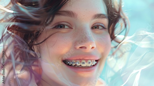Joyful Young Girl with Braces in Windy Bliss. The concept of orthodontic dental care photo