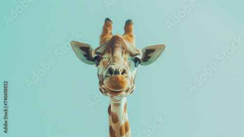 Close Up of a Giraffe Against a Blue Background