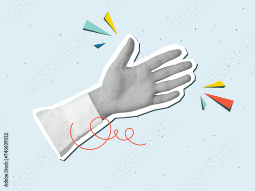 Black and white hand in a white shirt with an open palm. Vector illustration in a modern collage style