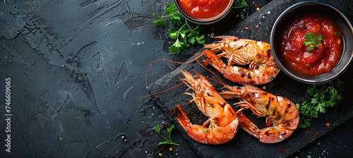 Grilled tiger prawns with tomato sauce and parsley on dark background