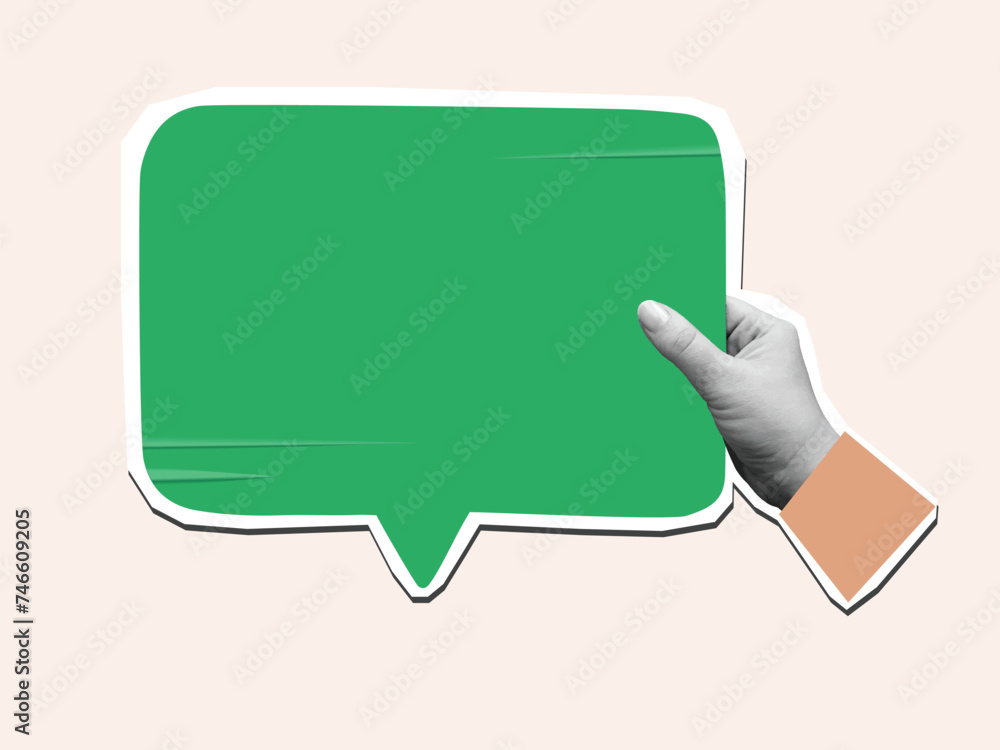 Black and white hand holds a color speech bubble with a copy space - element for collage. Vector illustration Black and white hand holds a color speech bubble with a copy space - element for collage. Vector illustration