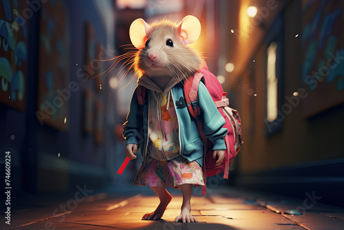 Funny rat with a backpack walking on the street at night.  photo