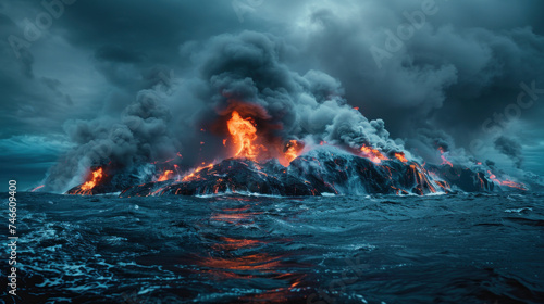 Volcano eruption in the sea, new land formation, dramatic twilight light