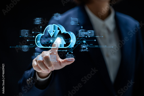 Businesswomen connecting to databases on the cloud virtual, workflow servers system and data center organization, efficiently manage data, document management systems online concept,