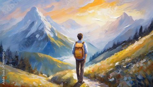 Oil painting back view male hiking in mountains with backpack. Observing landscape, travel, tourism © happyjack29