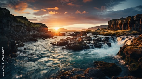 a beautiful waterfall at sunset in iceland  in the style of eye-catching  villagecore  expansive