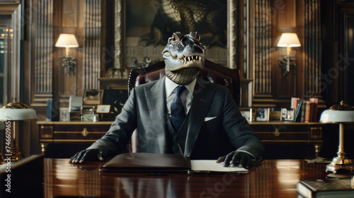 Scary, cold-blooded, heartless corporate boss depicted as crocodile or alligator in his office