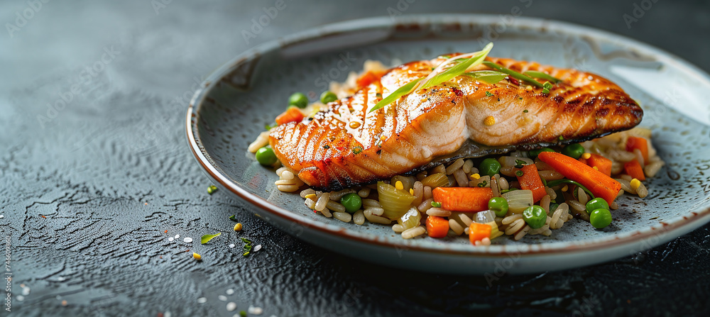 Grilled salmon with brown rice carrots and leeks on a plate Grilled salmon with brown rice carrots and leeks on a plate