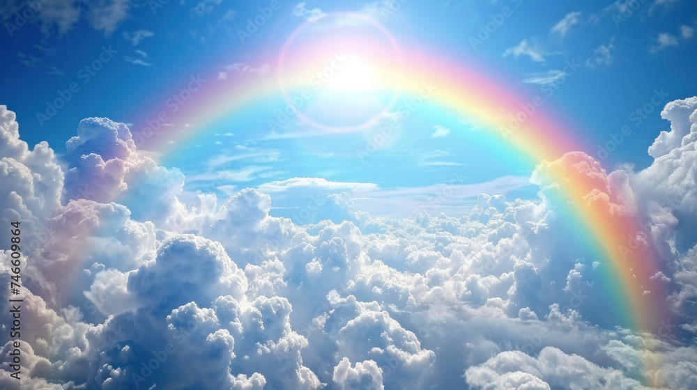 Spectacular Rainbow and Sun Flare Above Clouds Spectacular Rainbow and Sun Flare Above Clouds