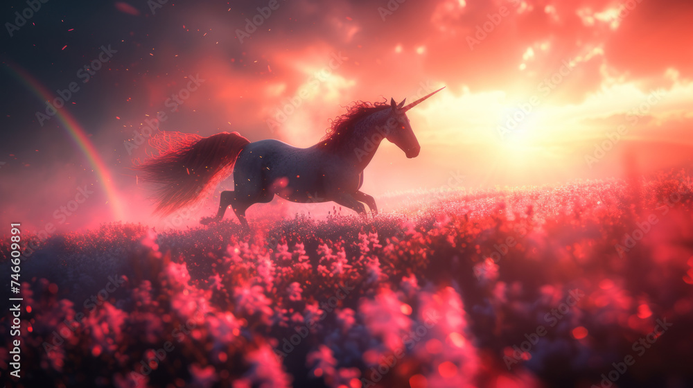 Magic unicorn in blossoming field, fairytale atmosphere - obrazy, fototapety, plakaty 