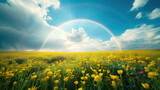 Rainbow over field with yellow flowers