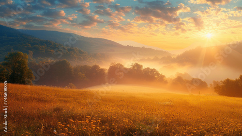 Foggy sunny morning over blossoming field © Kondor83