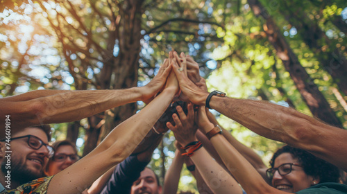 A group of coworkers participating in a team building exercise outdoors