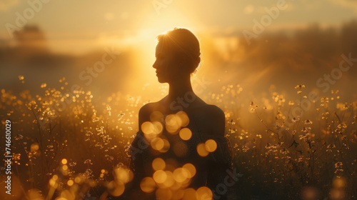 Woman Enjoying Sunset in Blossoming Flower Field © Kondor83